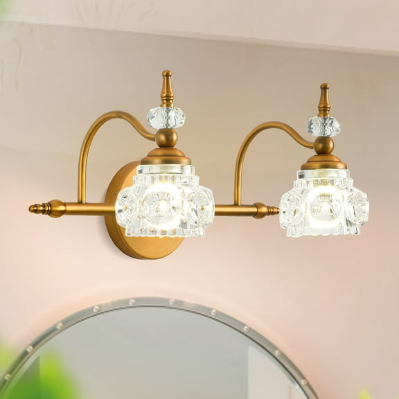 Vintage Golden Bathroom Vanity Light with 2 Crystal Shades - Elegant Wall-Mounted Fixture for Living Room, Bedroom, Hallway - Polished Finish, Semi-Flush Mount, Hardwired 110-220V