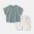 thumbnail image 2 of Kids Boys Summer Clothes Set, 2-Piece 100% Cotton Muslin Play Outfit, Henley Top & Elastic Waist Shorts for Kidss Mint Green,Size 3-4 T, 2 of 5