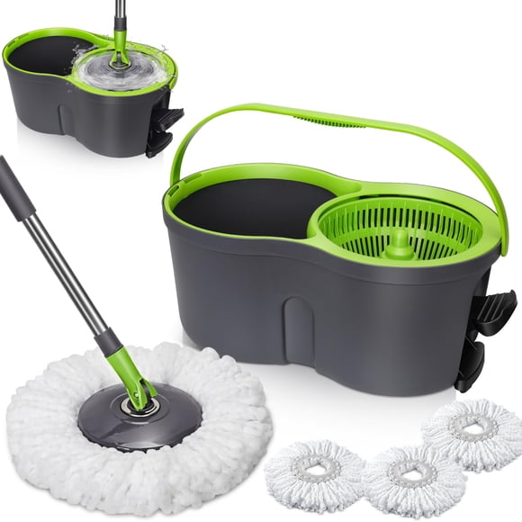 Almcmy Spin Mop and Bucket Set, Mop Bucket with Foot Pedal Wringer System, 3 Reusable Mop Refills, 130cm Long Handle, Easy Wring Magic Mop