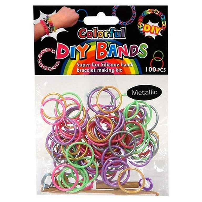 Colorful Loom Bands 100 Count Metallic Rainbow Refill bands with Clips and  Loom tool Rubber Bands
