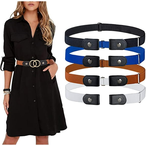 MSTOKIN No Buckle Stretch Belt Invisible Elastic Belt Buckleless Waist belt for women Jeans Double O Rings Waist Belt for Dress Pack of 4 (black /coffee /blue /white)