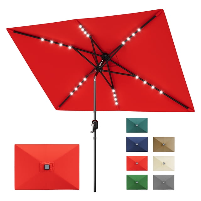 Solar Rectangular Patio Umbrella 10' x 6.5' with LED Lights–UV & Fade Resistant–Crank Lift & Push Button Tilt–Vented Canopy & 6 Sturdy Ribs –Outdoor Market Sunshade for Patio, Garden, Deck, Pool – Red