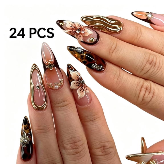 24PCS Short Press On Nails, Maillard Tortoiseshell Fake Nails, Vintage Floral Wearable Nail Art, Removable Detachable Daily Manicure for Women