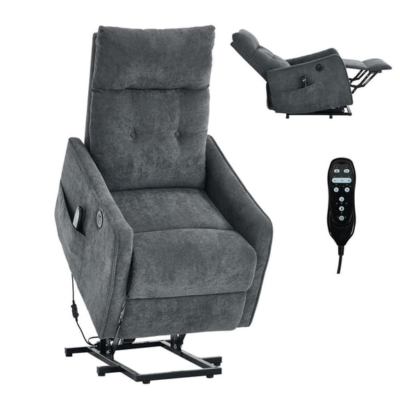 Spaco Grey Chenille Power Lift Recliner for Elderly - Single Motor with Massage Heat, USB Port & 155° Recline