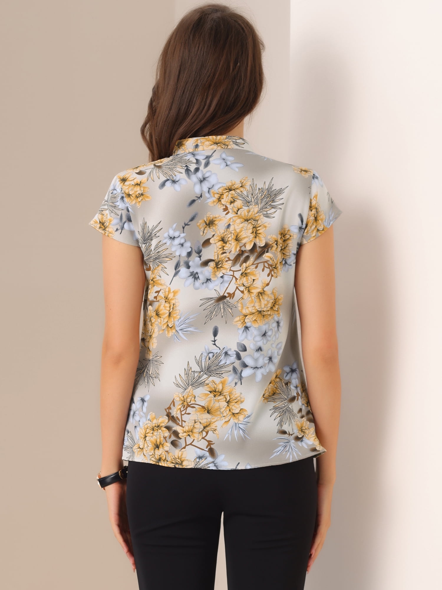 DARING DIVA Floral Vintage Cap Sleeve Casual Blouse L Gray Apricot