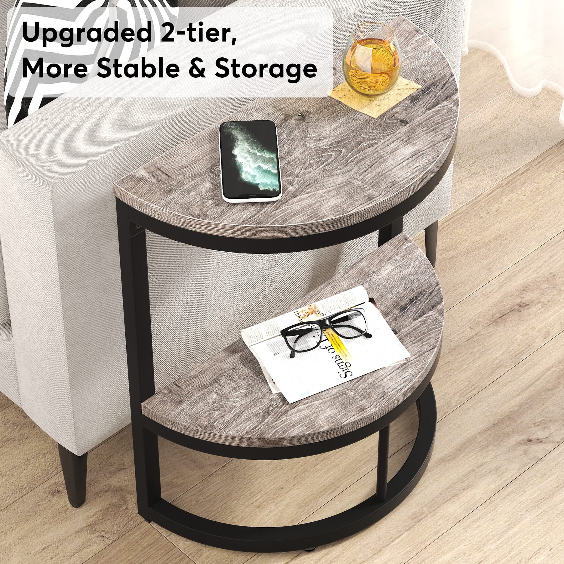 Fnova 2-Tier Half Moon End Table, Modern Wooden Narrow Sofa Side Table, Slim Accent Table Nightstand with Storage Shelf, Easy Assembly, for Living Room, Bedroom, Entryway, Small Space