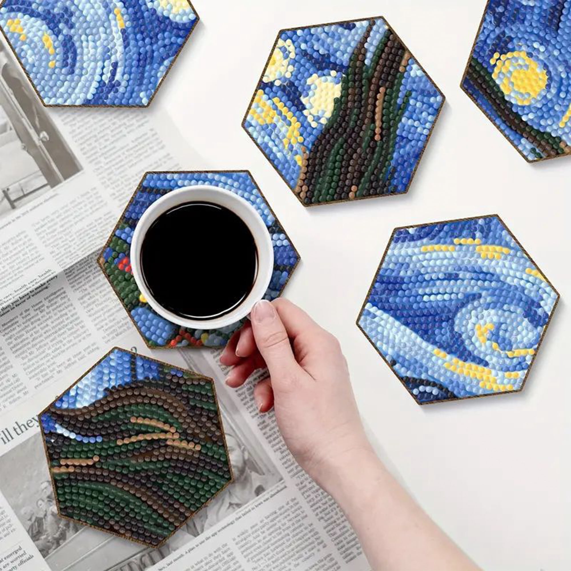 YIFEI Hexagon Diamond Art Coasters Kit with Holder 7 Pcs Starry Sky Mosaic Diamond Painting Coasters DIY Craft for Adults Beginners Gift