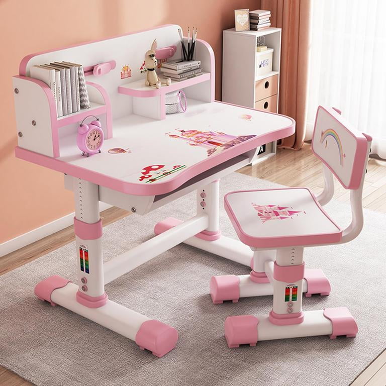 YNCE Kids Desk and Chair Set, Adjustable Height Ergonomic Study Table with Vision Protection & Book Bucket, 3-18 Years Children's Writing Desk Set with Cartoon Pattern, Easy Assemble