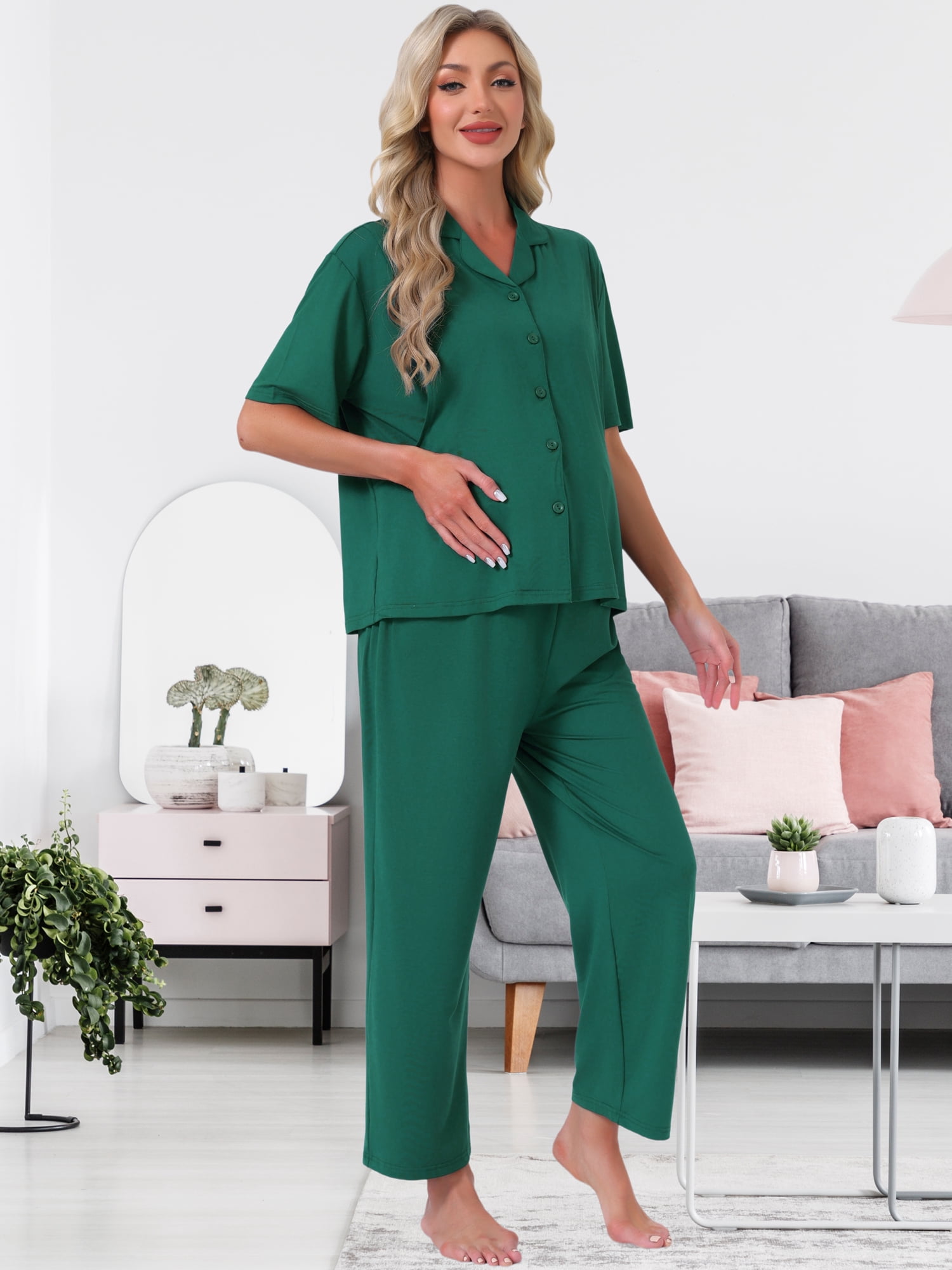 DARING DIVA Women's Maternity Nursing Pajama Sets Breastfeeding Button Down M Deep Green