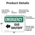 thumbnail image 2 of (2 Pack) Gas Shutoff [Left Arrow] With Symbol OSHA Emergency Sign 14 Inch X 10 Inch Indoor / Outdoor Rust-Free Aluminum Metal Signs for Workplace, Workshop, and Construction Site, Made, 2 of 8