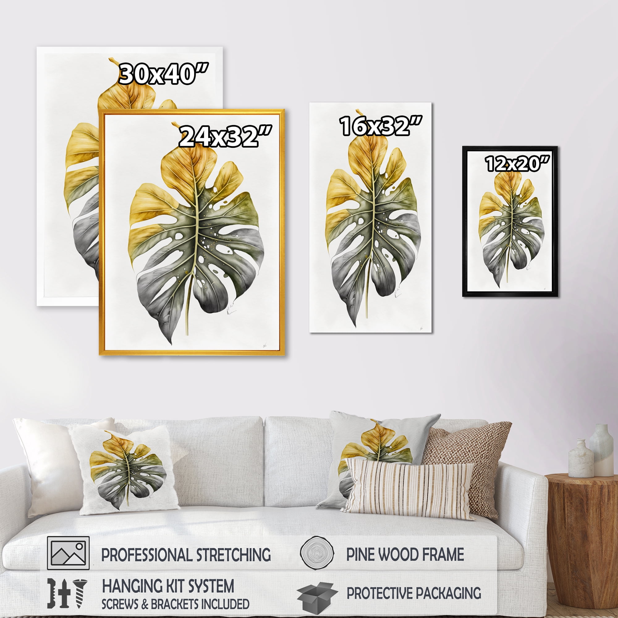 Designart Yellow And Grey Philodendron Leaf I Canvas Wall Art