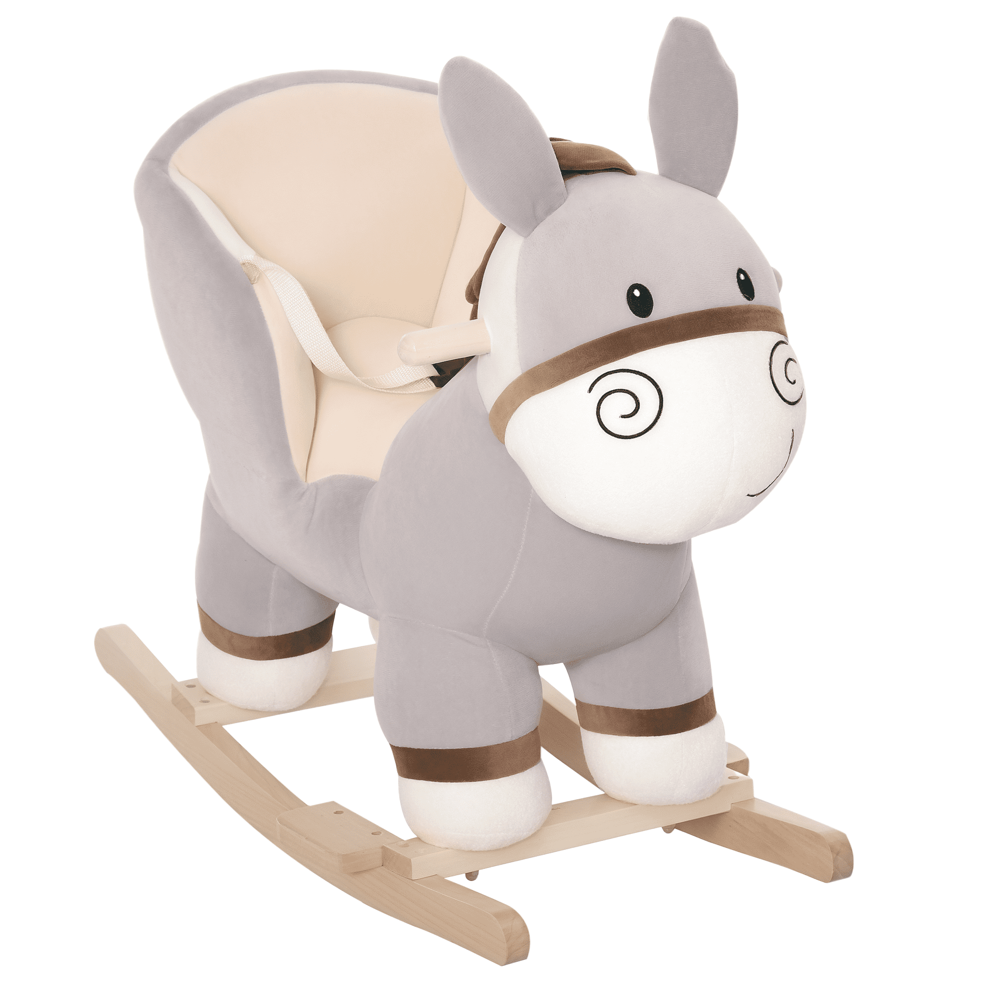 Rocking Donkey, Plush and Steel Animal Ride-on with Electronic Sound Effects, Safety Belt and Sturdy Metal Frame, Light Gray, 61 x 34 x 58 cm, for Nursery or Playroom Placement