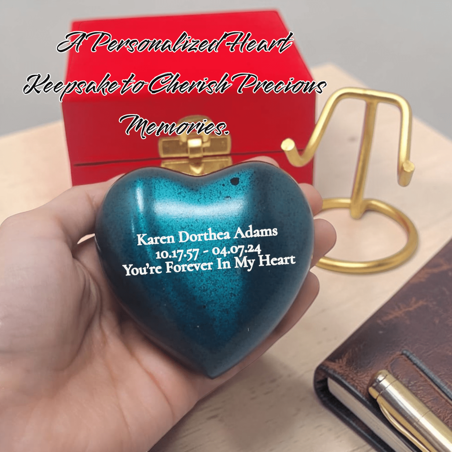 SMIURNS Heart-Shaped Keepsake Cremation Urn for Ashes - Custom Engraved Teal Blue Speckled Memorial Urn - Includes Gold Display Stand and Red Velvet Gift Box - Small Decorative Urn for Human or Pet