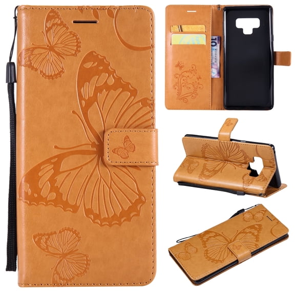 Note 9 Case, Samsung Galaxy Note 9 Case - Allytech Premium Wallet PU Leather with Fashion Embossed Floral Butterfly Magnetic Clasp Card Holders Flip Cover with Hand Strap, Yellow