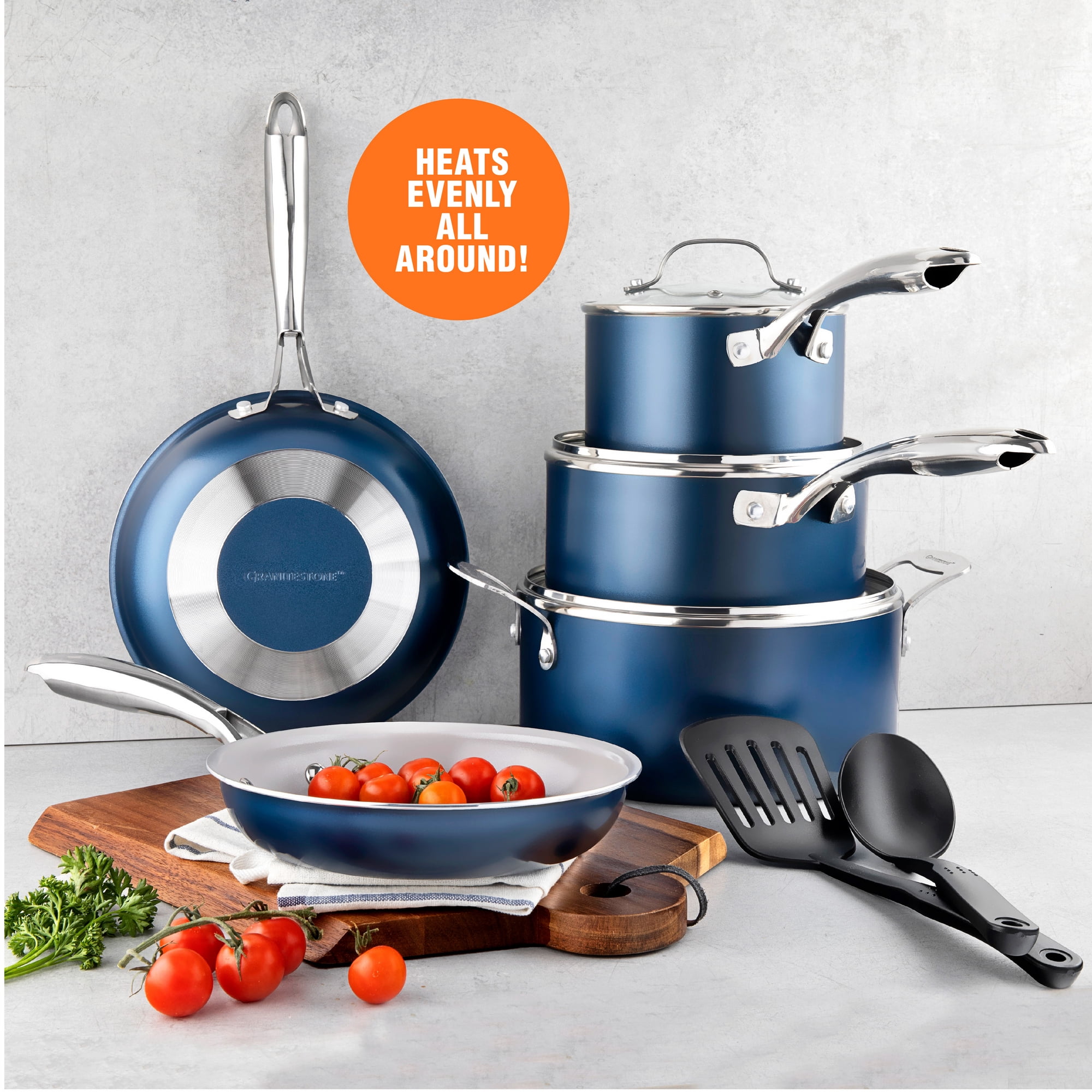 Granitestone Diamond Nonstick Pots and Pans 10 Piece Kitchen Cookware Set Cooking Frying Skillet Sauce Pan Stock Pot Blue