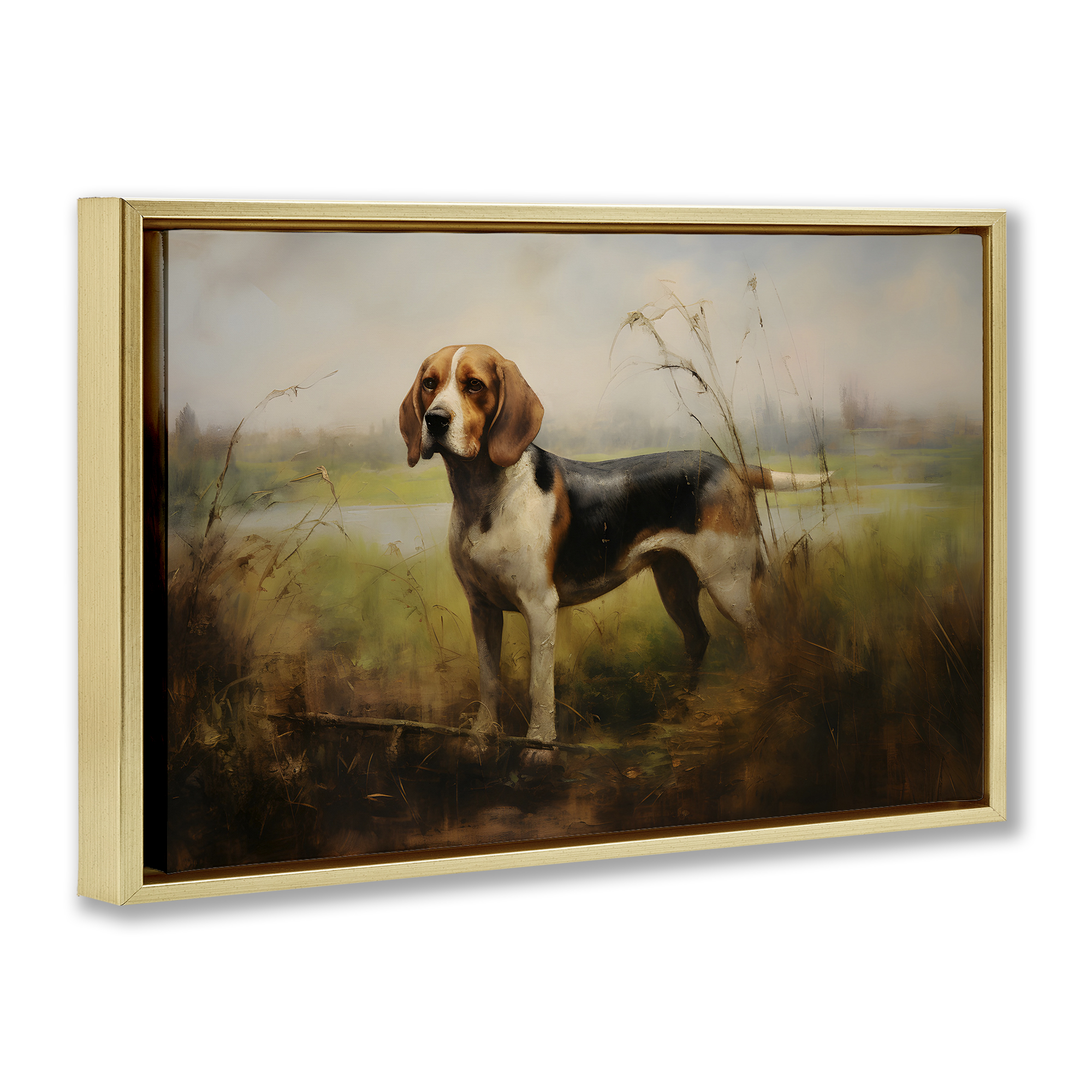 Stupell Industries Beagle Dog Rural Field Landscape Painting Gold Floater Framed Canvas Art Print Wall Art, 31 x 21