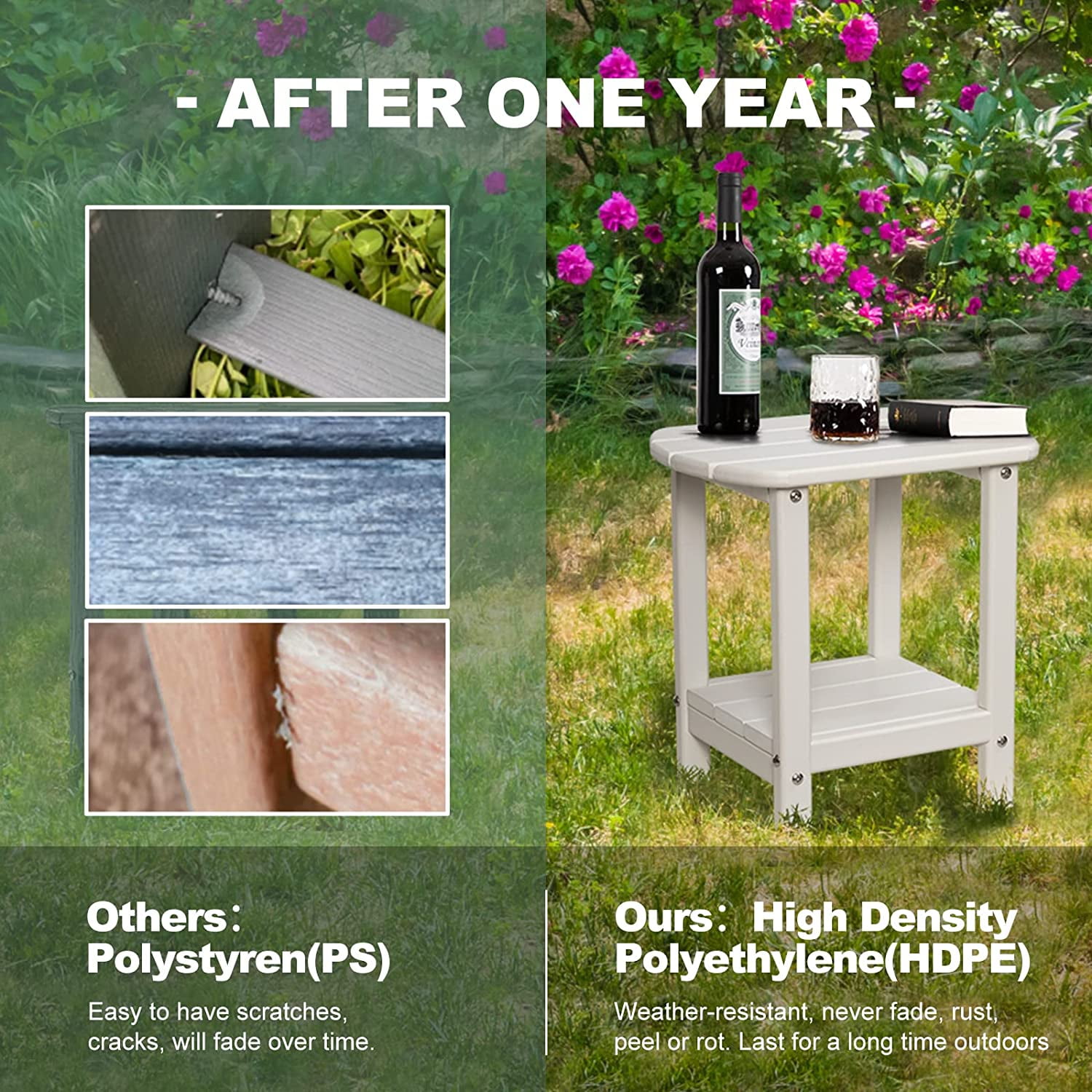 Nalone End Table Adirondack Small Side Table 16.5" Outdoor HDPE Plastic Small End Table for Home Living Room Bedroom Patio Farmhouse (White)