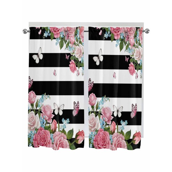 Pink Flowers Bathroom Window Curtain, Spring Floral Butterflies Black White Striped Farmhouse Light Filtering Coffee Kitchen Curtains, Bedroom Living Room Curtains 2 Panel 84"x63"