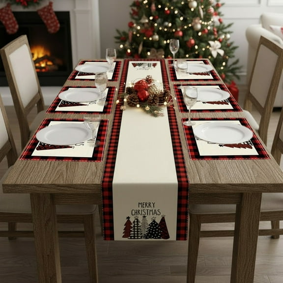7-Piece Christmas Table Set - Red White Snowflake Deer Placemats & Table Runner for Holiday Dining Decor‌