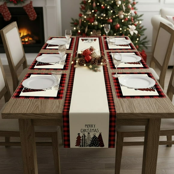 Christmas Table Runner and Placemats Set, Holiday Dining Decor with Snowflake Deer Pattern, Festive Table Cover for Family Gatherings, Party Dinner, Kitchen and Restaurant Christmas Table Setting
