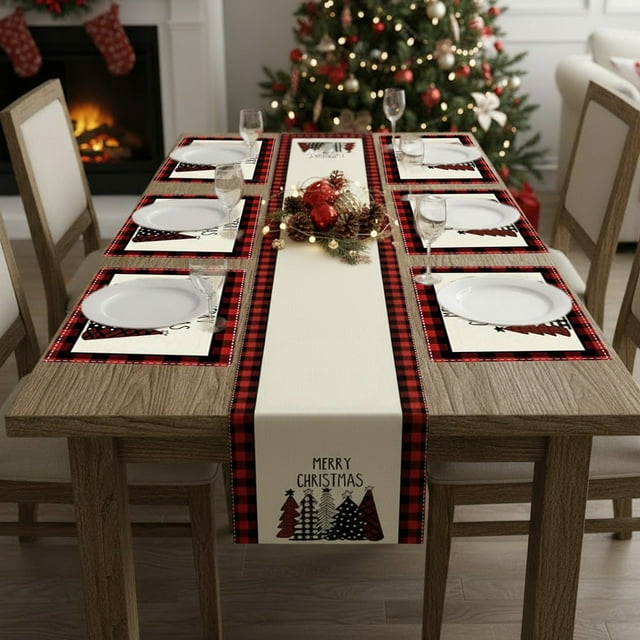 Uklsqma Ensemble de Nappe de Noël 7 Pcs / Design Flocon de Neige Rouge Blanc / Fibre de Polyester Durable Résistant aux Plis / Décoration de Table Festive pour Maison Restaurant Réunions de Vacances