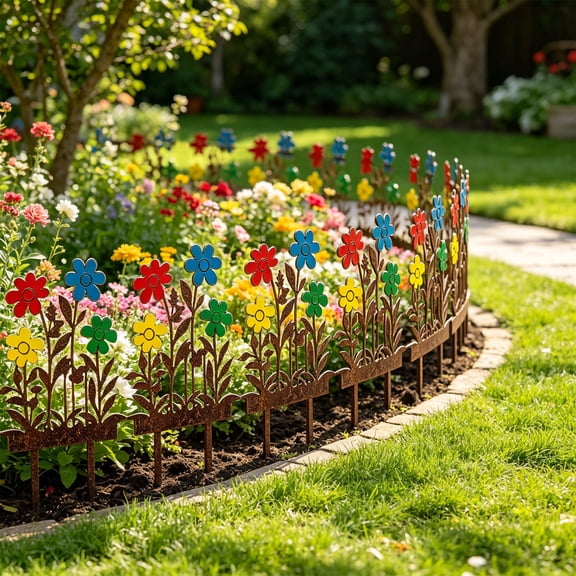 Vintage Rust Effect Colorful Garden Floral Decorative Wrought Iron Ornament With Ground Spike For Outdoor Display