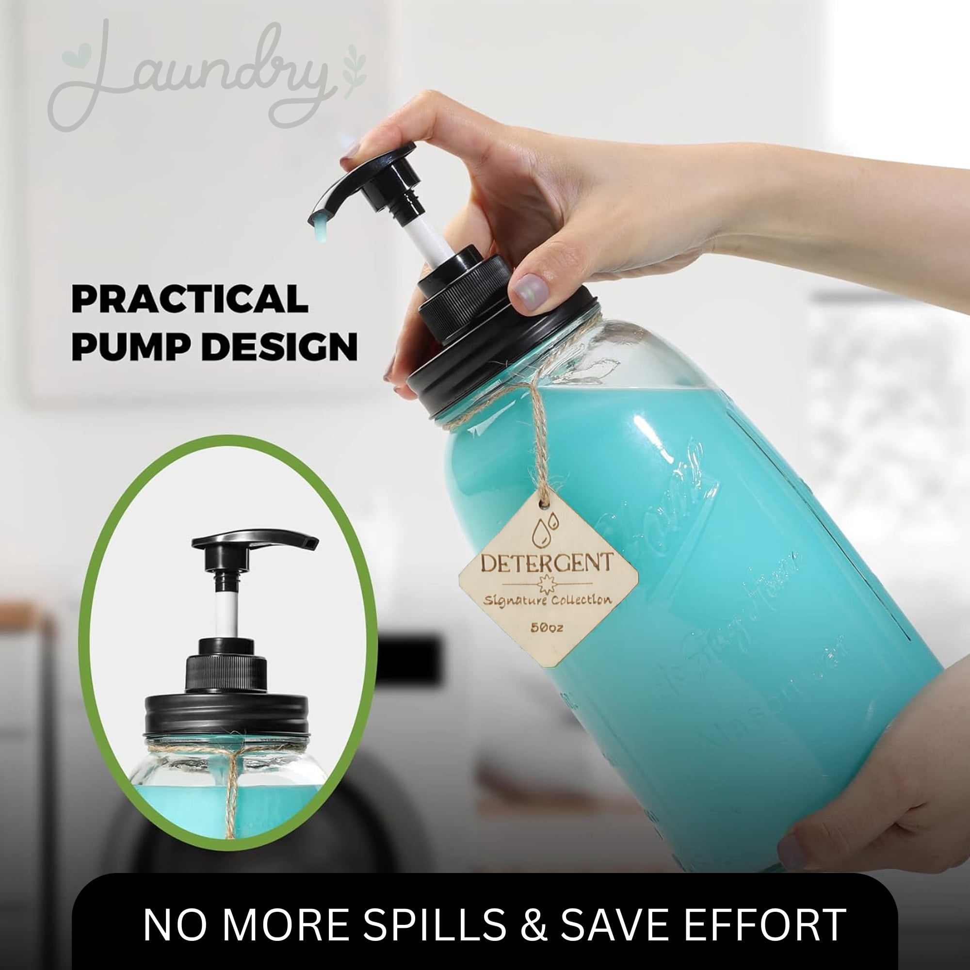 Glass Liquid Laundry Detergent Dispenser, 2x50oz Farmhouse Mason Jar Style Refillable & Reusable Laundry Bath Dish Soap Storage Containers