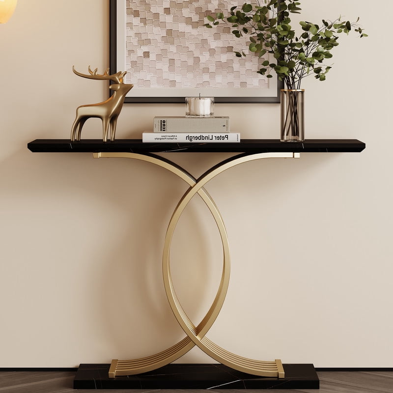 Accent Console Sofa Table with Gold Intertwined Crossed Metal Base, Entryway Display Side Table with Faux Marbling Top