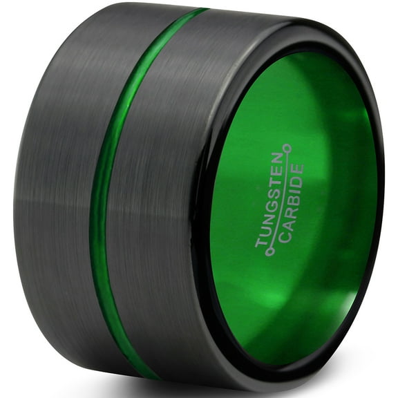 P. Manoukian Tungsten Wedding Band Ring 12mm for Men Women Black Green Center Line Flat Pipe Cut Brushed Polished Lifetime Guarantee Size 4