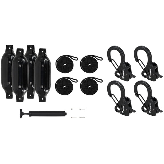 Rockville FEN445-BLACK Bundle: (4) 4.5 x 16 Inch Boat Fenders with Lines and Pump, RQA-4 Quick Release Fender Clips, Marine Dock Kit, 17-items