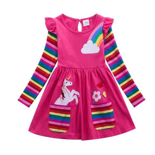 AAMILIFE Robe d'Automne à Manches Longues Licorne pour Filles Nouvelle Robe en Coton Brodée pour Enfants Robe à Fleurs Col Rond