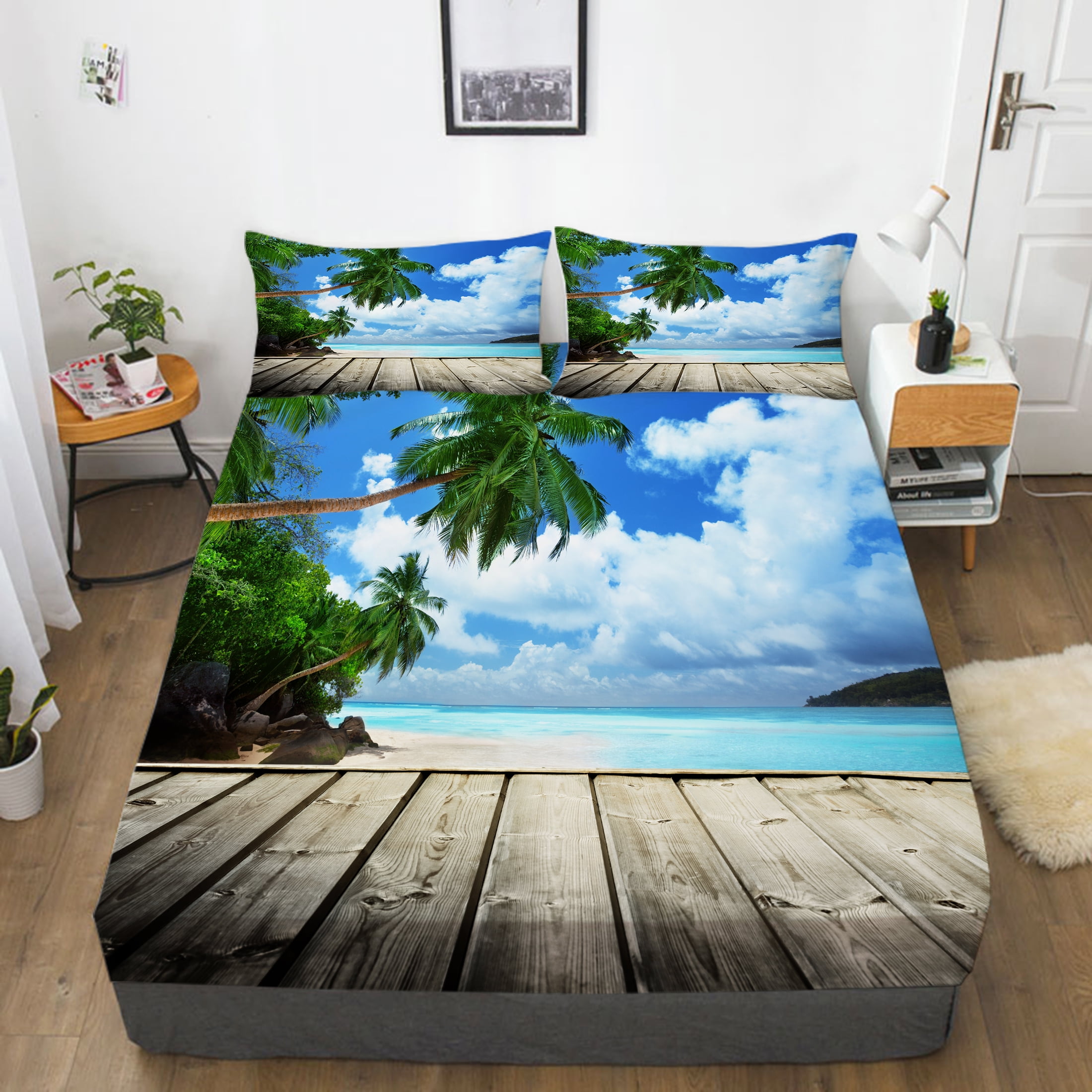 3D Landscape Bedding Set Sea Design Fitted Sheet Set Summer Bed Cover ...