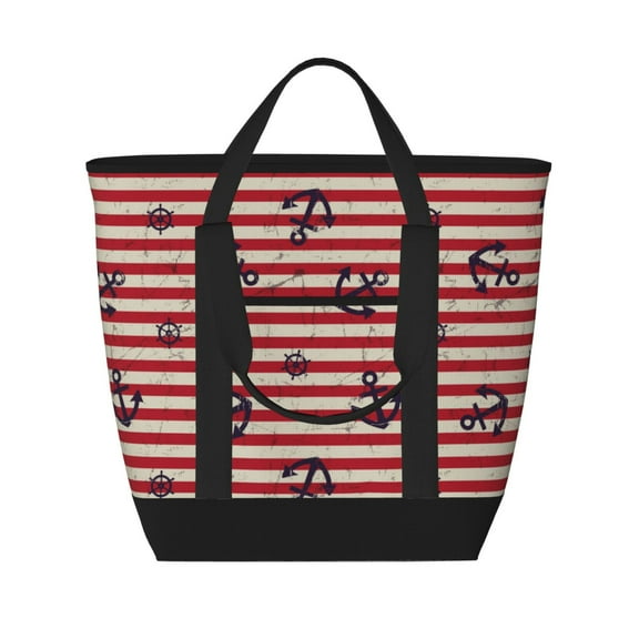 Insulated Cooler Bag, vintage anchor red stripe Large Freezer Cooler Tote Bags Insulated for Food, Insulated Grocery Shopping Bags with Zippered Top for Travel School Picnic