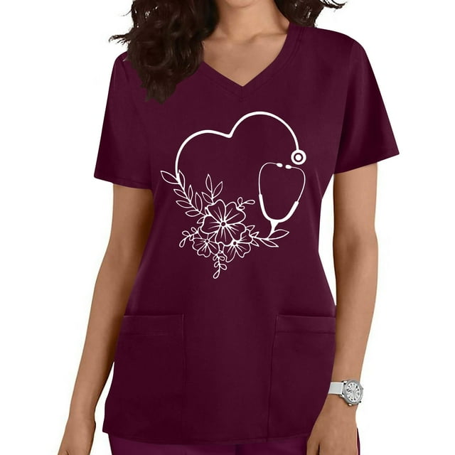 EGNMCR Hauts de Sarrau d'Infirmière pour Femmes Mode Décontractée Imprimé Uniforme de Travail Manches Courtes Col en V Blouse T-shirt de Travail avec Poches, Cadeaux pour Femmes