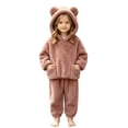 thumbnail image 2 of Toddler Boys Girls Flannel Hooded Loungewear Set, Warm Top & Pants Home Wear Brown 2 Years, 2 of 7