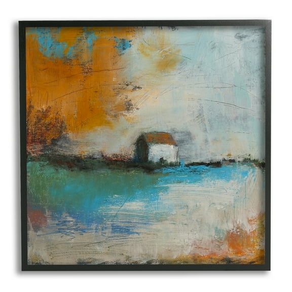 Stupell Industries Abstract Country Farmhouse Landscape Orange Blue Sky Abstract Painting Black Framed Art Print Wall Art, 12 x 12