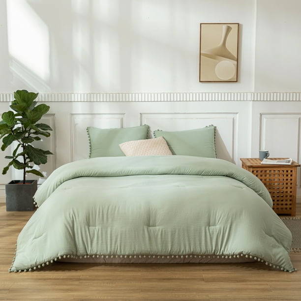Move Over Green Comforter Set Queen Sage Green Bedding Set Pom Poms
