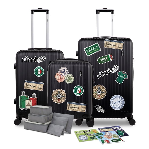 Set de Maletas Rígidas de Viaje de 20, 24 y 28 Pulgadas con Candado y Ruedas 360°, Incluye Stickers Mundialistas