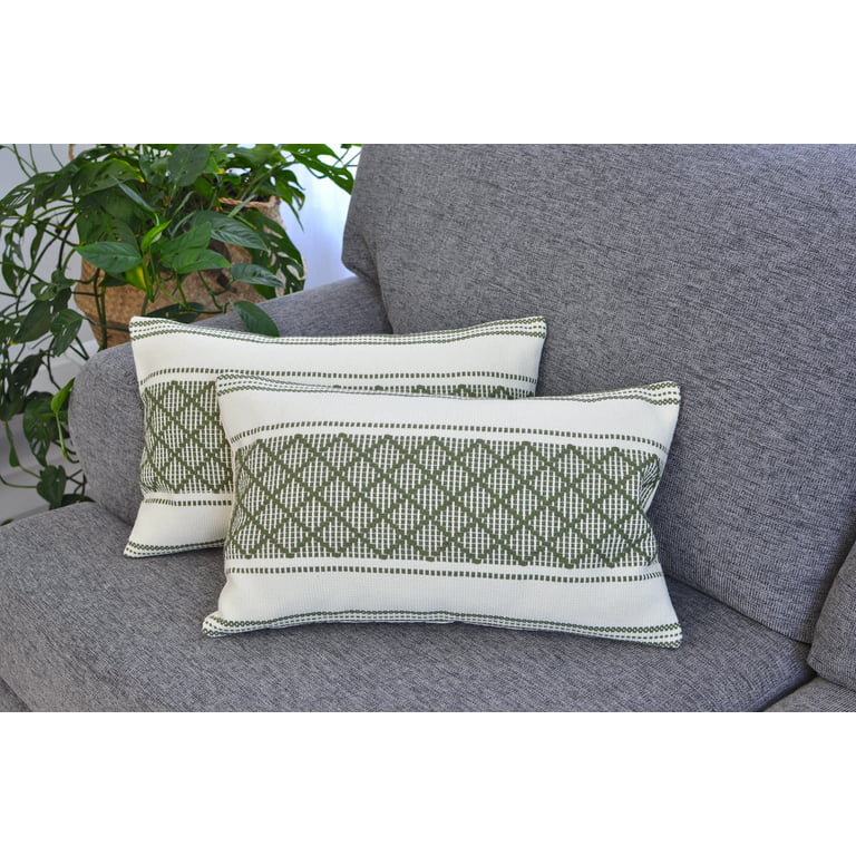 Cotton Woven Designer Lumbar Throw Pillow Covers Olive Green / Cream White,  12 x 20 inches | Oblong Small Rectangular Pillow Cases Set of 2