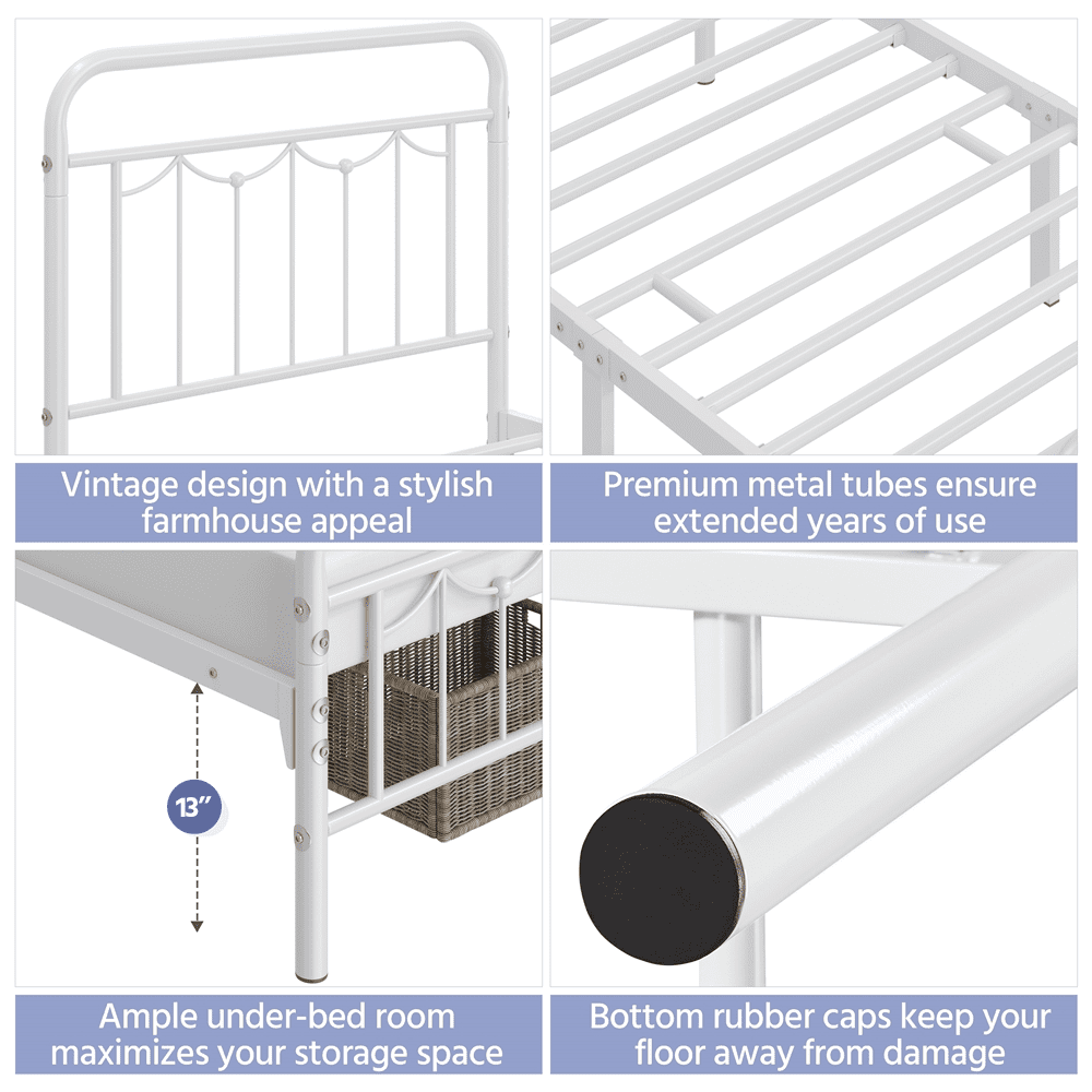 Alden Design Metal Platform Bed with Vintage Headboard and Footboard, Twin, White, Adult