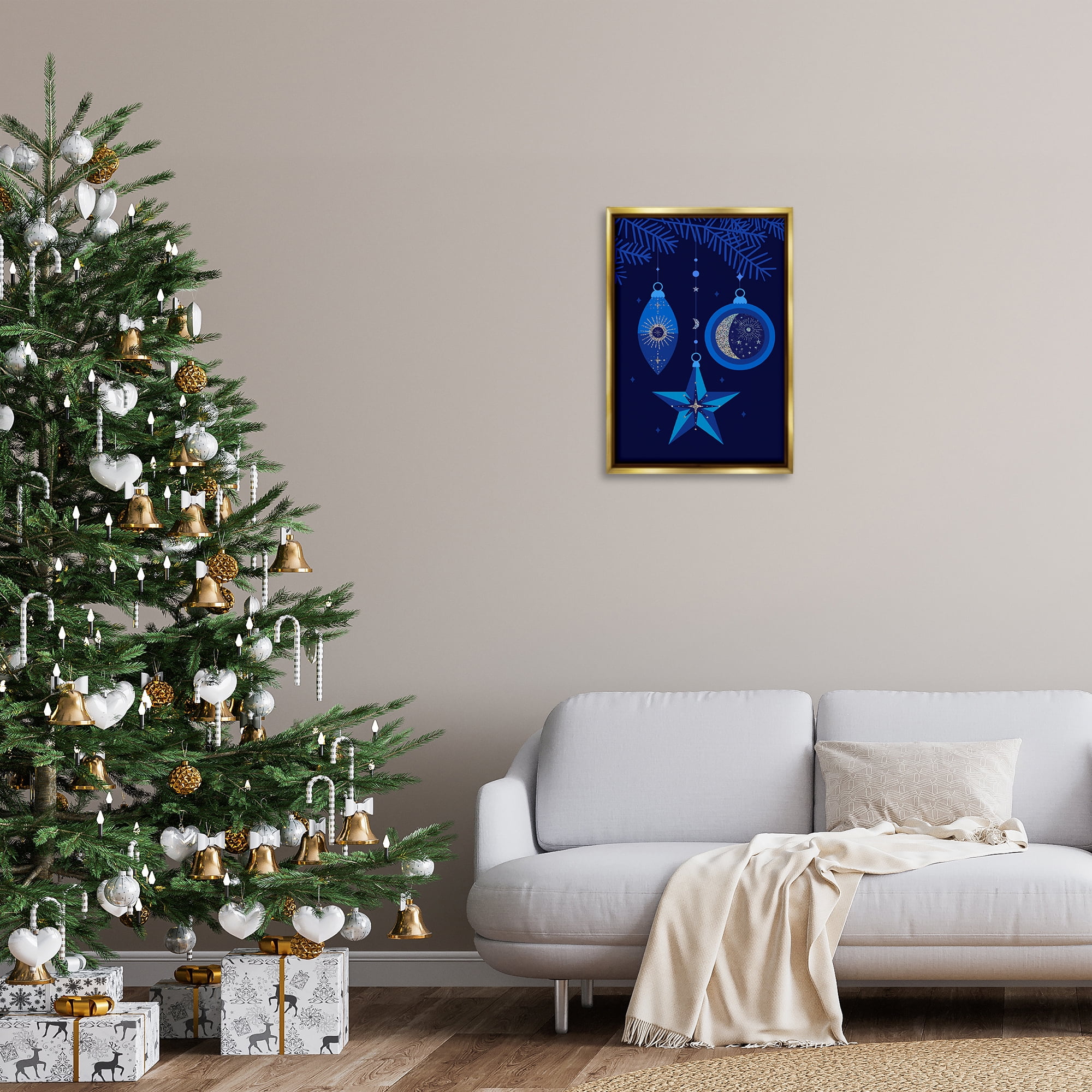 Stupell Industries Blue Holiday Ornaments Holiday Painting Gold Floater Framed Art Print Wall Art, 17 x 25