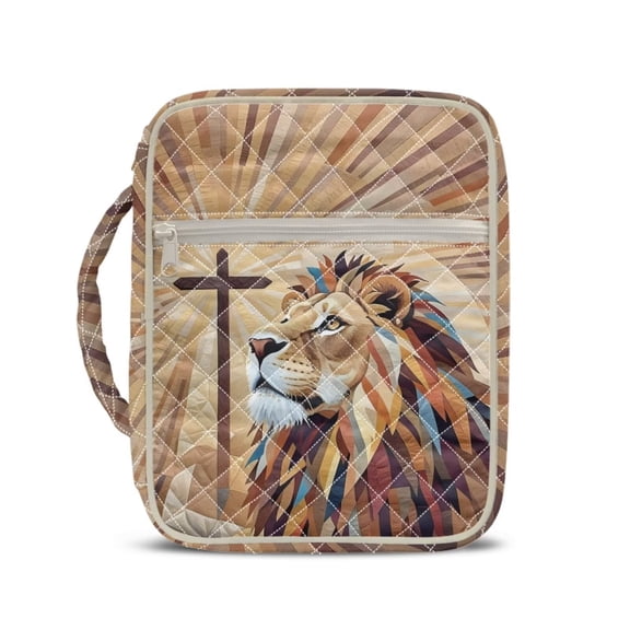 Psesaysky Cross Lion Print Bible Cover with Inner Pen Slots, Portable Bible Carrying Tote Handbag for Women Quilted Polyester Design, Christian Art Gifts for Men Women