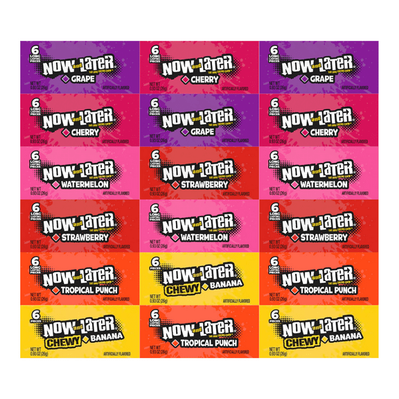 Variety Pack Candy Now and Later, 18-Pack, 3 Each of Watermelon, Strawberry, Tropical Punch, Banana, Grape, Cherry, 0.93 oz, Individually Wrapped Chewy Fruit Flavored Treats