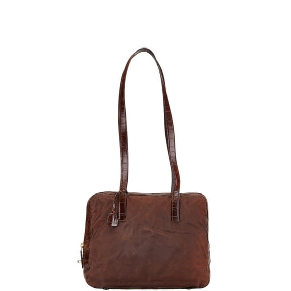 Pre-Owned Prada Triangle Logo Plate Handbag Shoulder Bag Brown Nylon Leather Women's PRADA