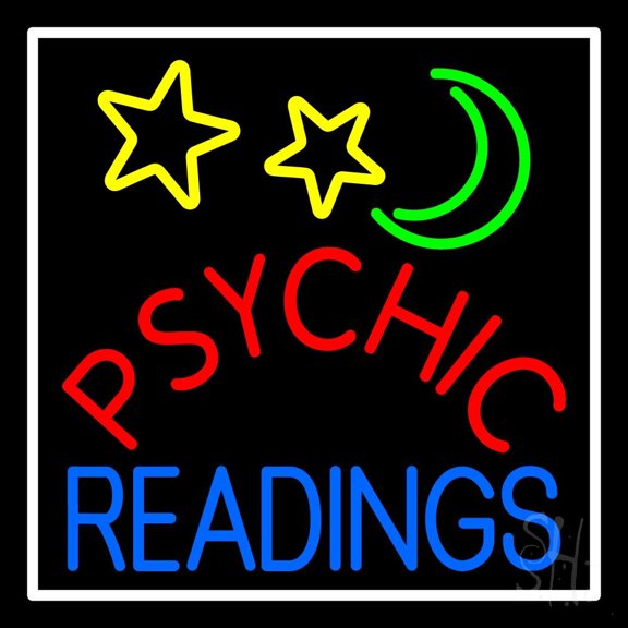 Red Psychic Blue Readings White Border LED Neon Sign 24" Tall x 24" Wide - inches Black Square Cut Acrylic Backing, with Dimmer - Bright and Premium built indoor LED Neon Sign for Storefront.