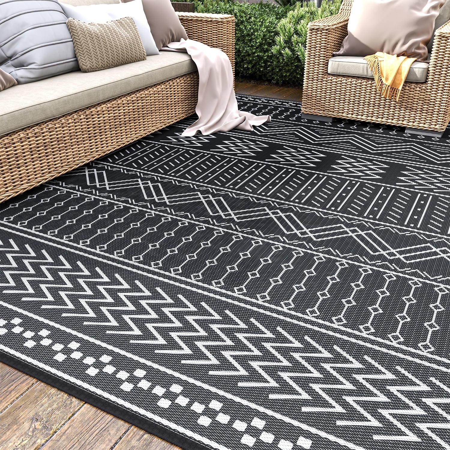SIXHOME Outdoor Rug 5'x8' Waterproof Patio Rug Reversible Indoor Outdoor Rug Lightweight Plastic Straw Rug for RV Camping Deck Balcony Boho Porch Decor Black and White - image 4 of 10