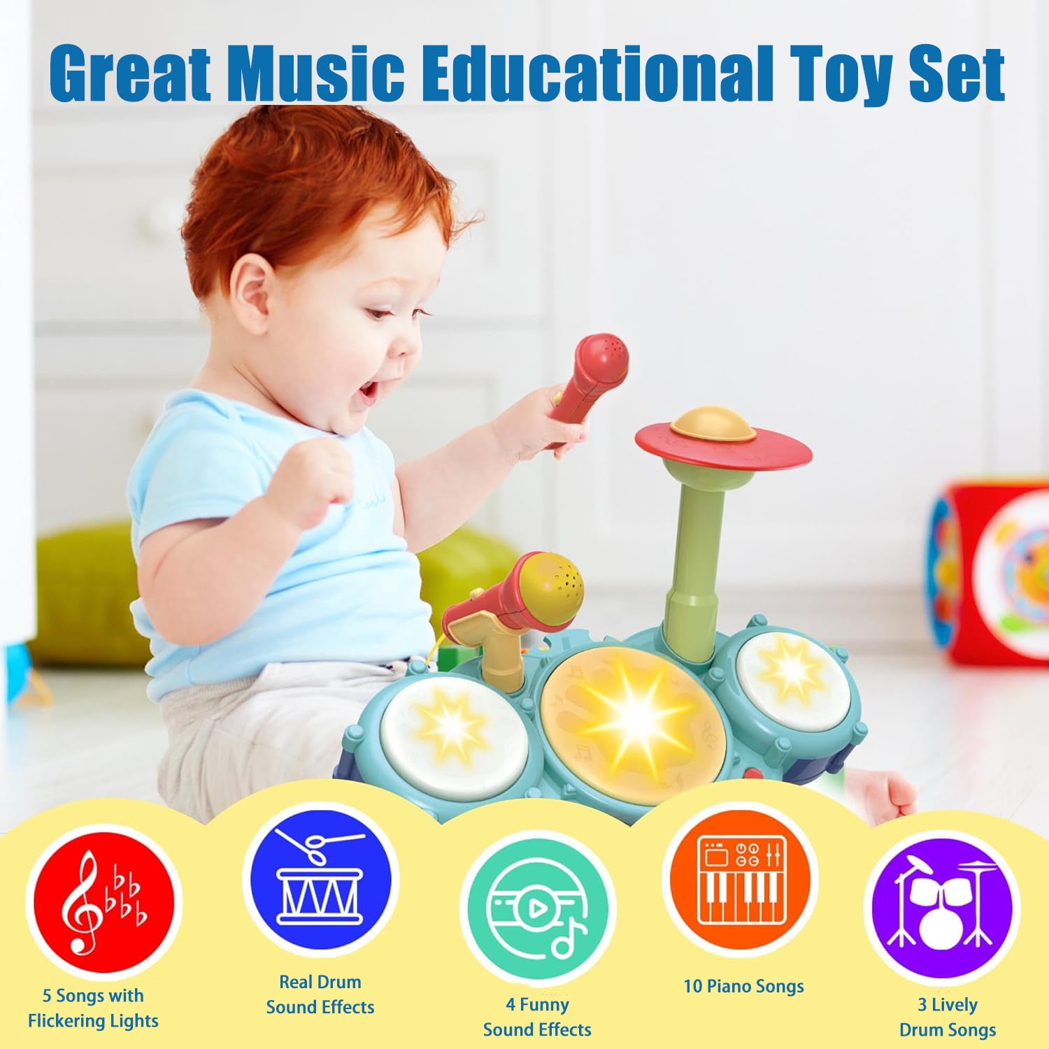 Adofi Jazz Drum Set Musical Toys for Toddlers 2-3, Kids Drum Set Musical Instruments Toys for Babies 2 Year Old , Ideal Birthday Blue