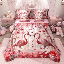 Feelyou 3D Couple Flamingo Bedding Comforter Set 7pcs, Romantic Love Heart Pink King Bedding Sets, Valentine's Day Rose Reversible Bed Sheets, Super Cozy Room Decor