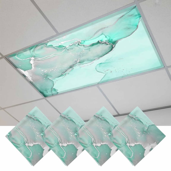 Aqua Marble Magnetic Fluorescent Light Covers for Ceiling Lights 2x4Ft, Modern Abstract Waves Silvery Farmhouse Office Classroom Kitchen Drop Ceiling Light Covers Lighting Filters Shade Panel 4 Packs