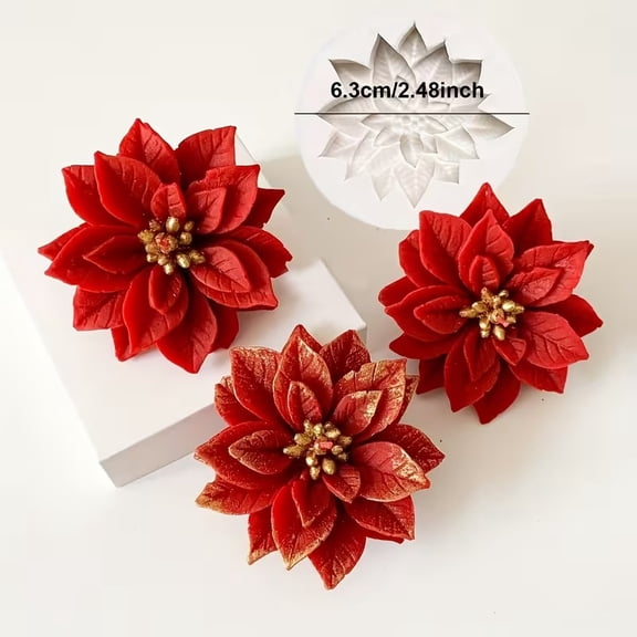 Reusable Christmas Holly Berry Silicone Mold Set - 3D Leaves with Poinsettia Flowers for DIY resin art, candles and plaster crafts